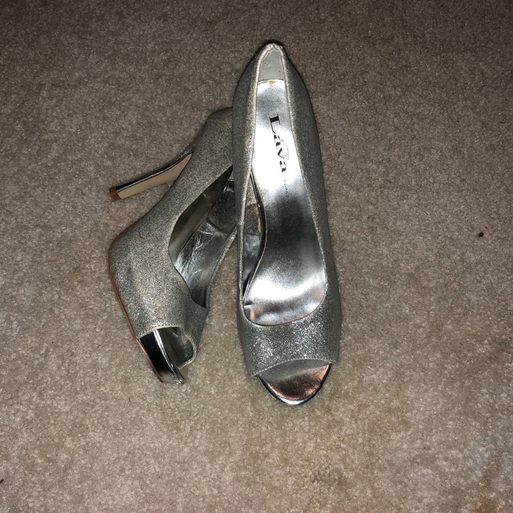 Silver sparkly heeled shoes